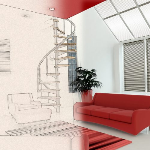 3D render of a contemporary interior with half in sketch phase